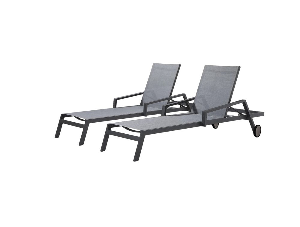 Set of Two Gray Aluminum Three Position Adjustable Sling Outdoor Stacking Chaise Lounges