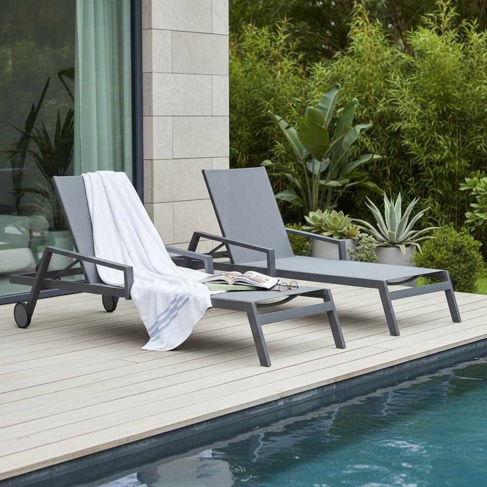 Set of Two Gray Aluminum Three Position Adjustable Sling Outdoor Stacking Chaise Lounges