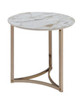 24" White and Champagne Stone and Metal Round Frame End Table