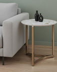 24" White and Champagne Stone and Metal Round Frame End Table