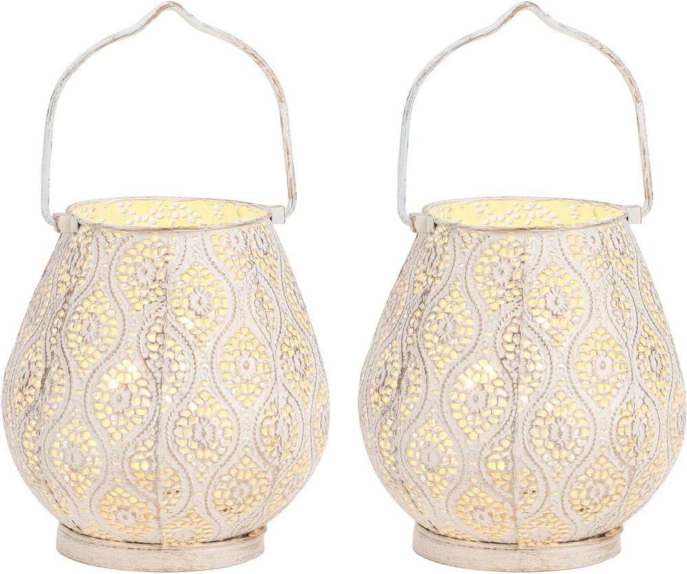 Set of Two 10" Beige Pierced Geometric Cordless Lantern Lamps