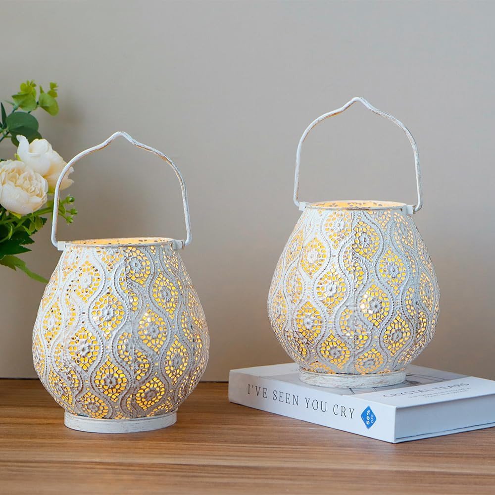 Set of Two 10" Beige Pierced Geometric Cordless Lantern Lamps
