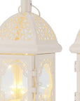 Set of Two 8" White Metal And Glass Pierced Scrollwork Lantern Lamps