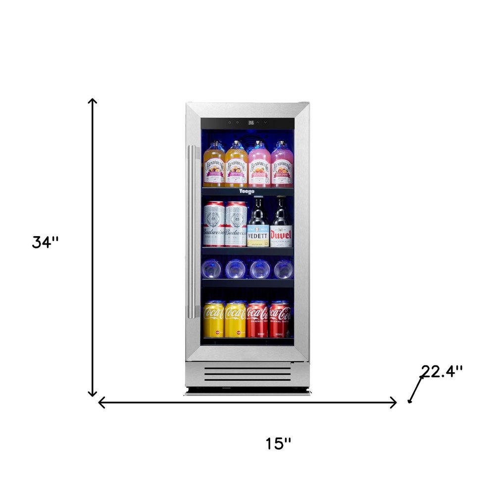 34" X 15" Silver and Black Stainless Steel Single Compartment Can Beverage Refrigerator
