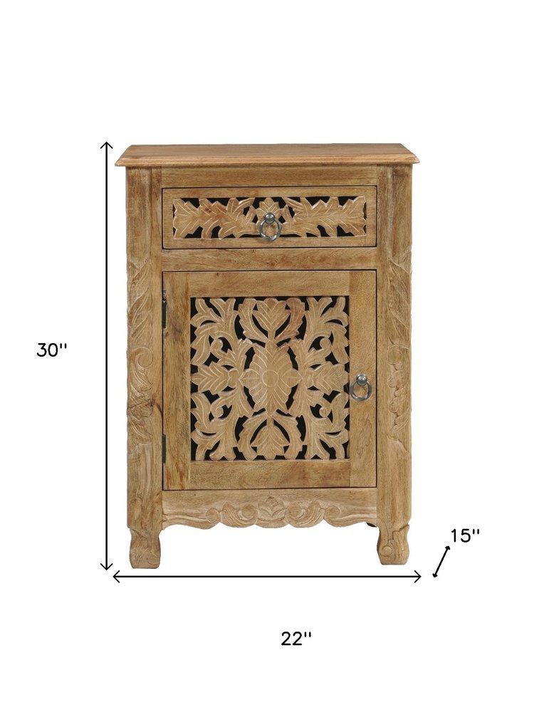 30" Natural Solid Wood Distressed Carved Floral One Drawer Nightstand