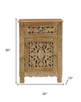 30" Natural Solid Wood Distressed Carved Floral One Drawer Nightstand