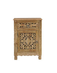 30" Natural Solid Wood Distressed Carved Floral One Drawer Nightstand