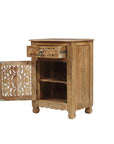 30" Natural Solid Wood Distressed Carved Floral One Drawer Nightstand