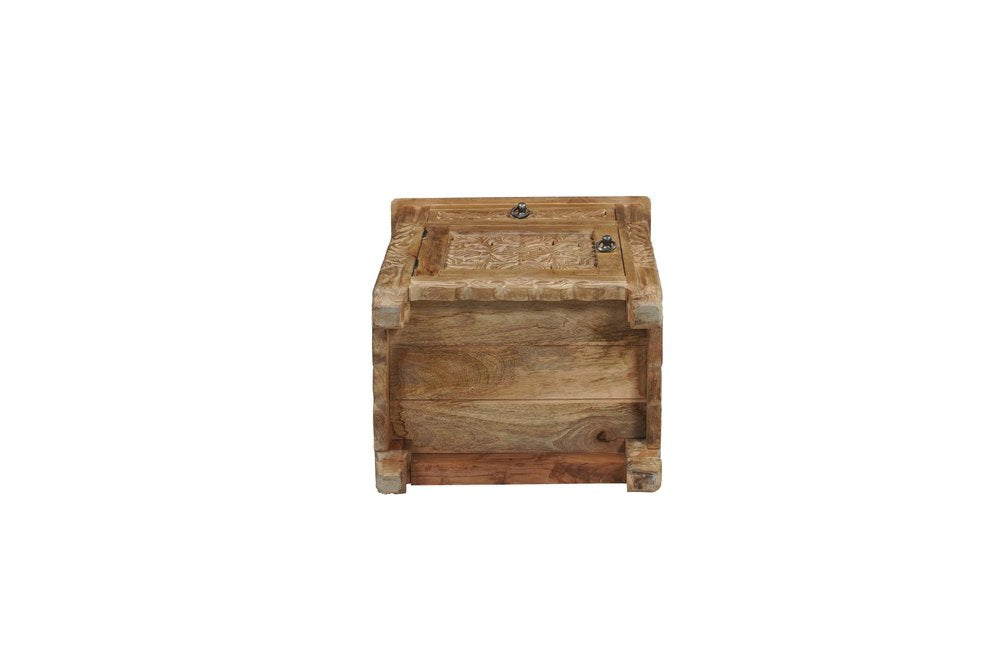 30" Natural Solid Wood Distressed Carved Floral One Drawer Nightstand