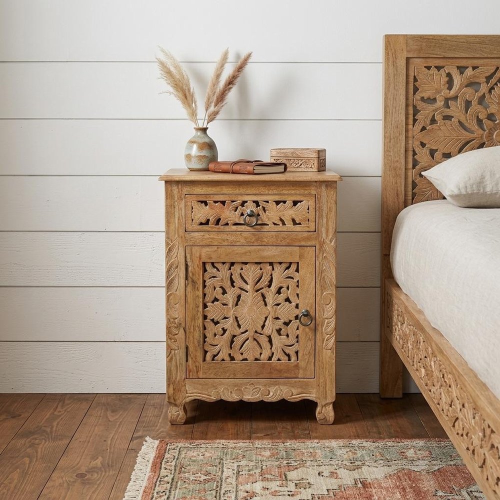 30" Natural Solid Wood Distressed Carved Floral One Drawer Nightstand