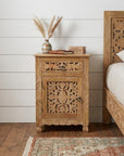 30" Natural Solid Wood Distressed Carved Floral One Drawer Nightstand