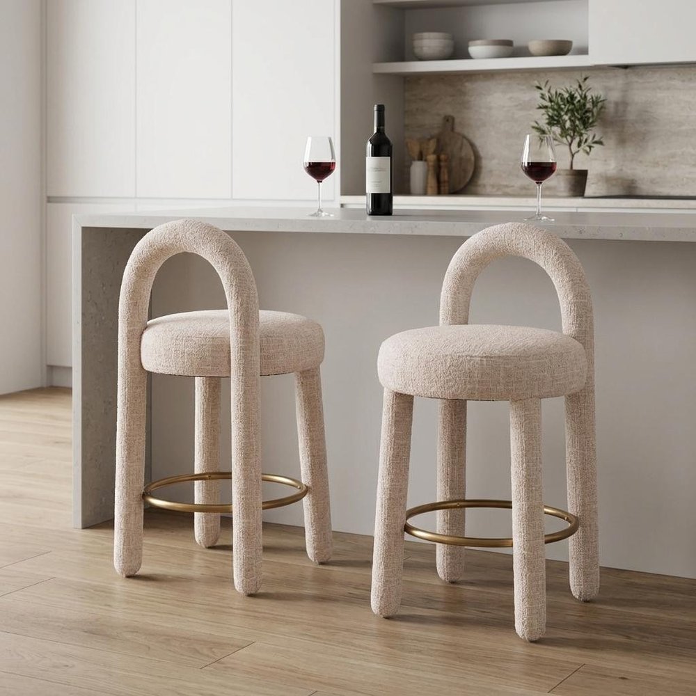 Set of Two 27" Gray Fabric And Solid Wood Low Back Counter Height Bar Chairs