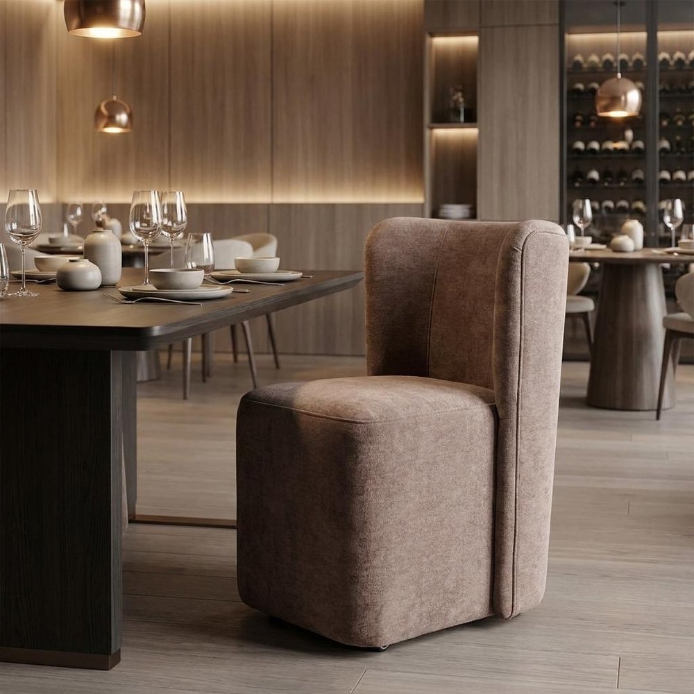 Taupe And Brown Upholstery And Solid Wood And Steel Dining Side Chair With Wheels