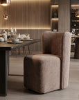 Taupe And Brown Upholstery And Solid Wood And Steel Dining Side Chair With Wheels