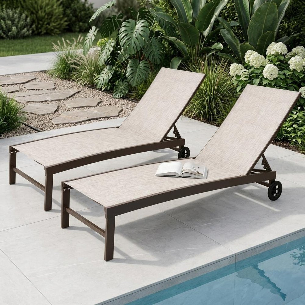 Set of Two Off White Aluminum Five Position Adjustable Sling Outdoor Chaise Lounges