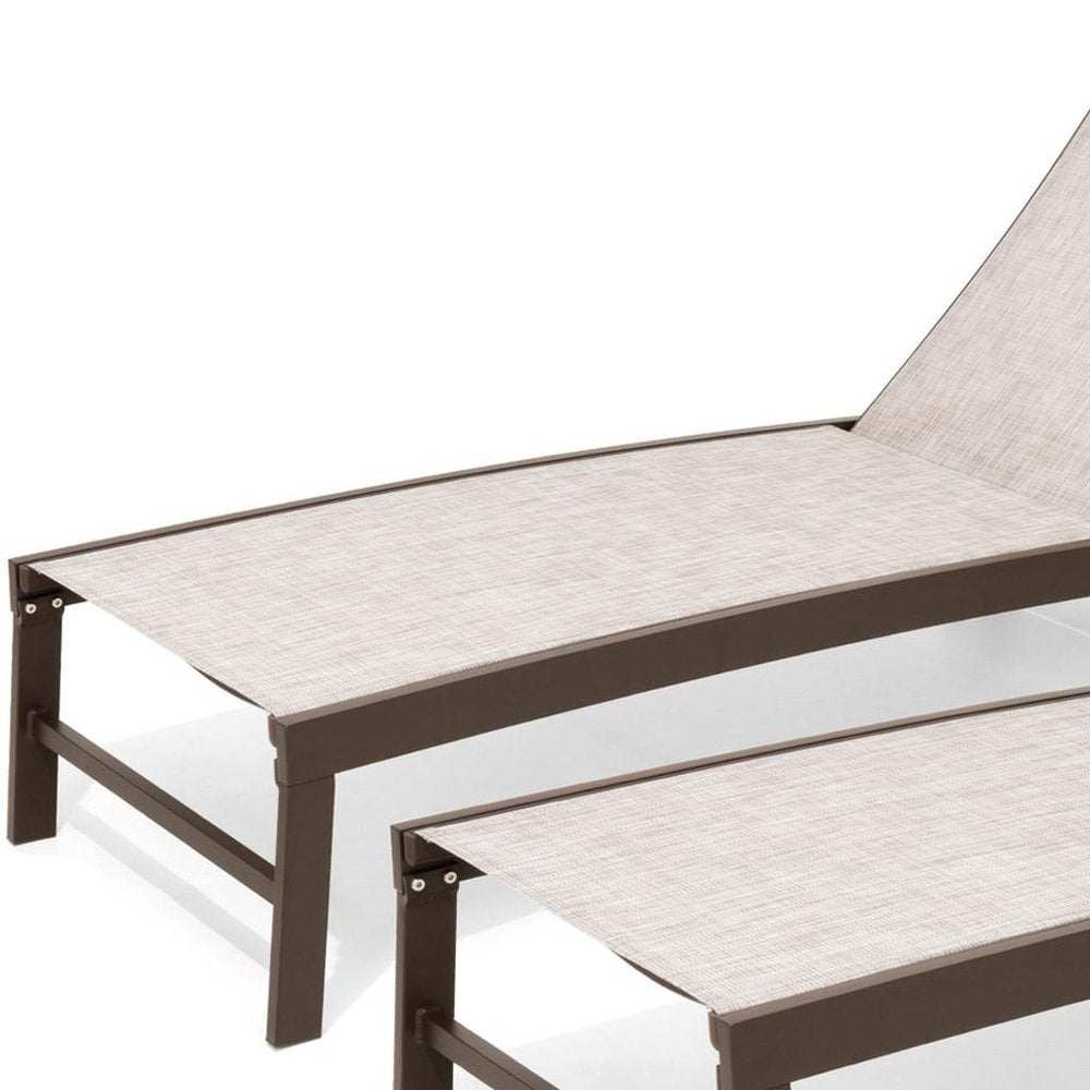 Set of Two Off White Aluminum Five Position Adjustable Sling Outdoor Chaise Lounges