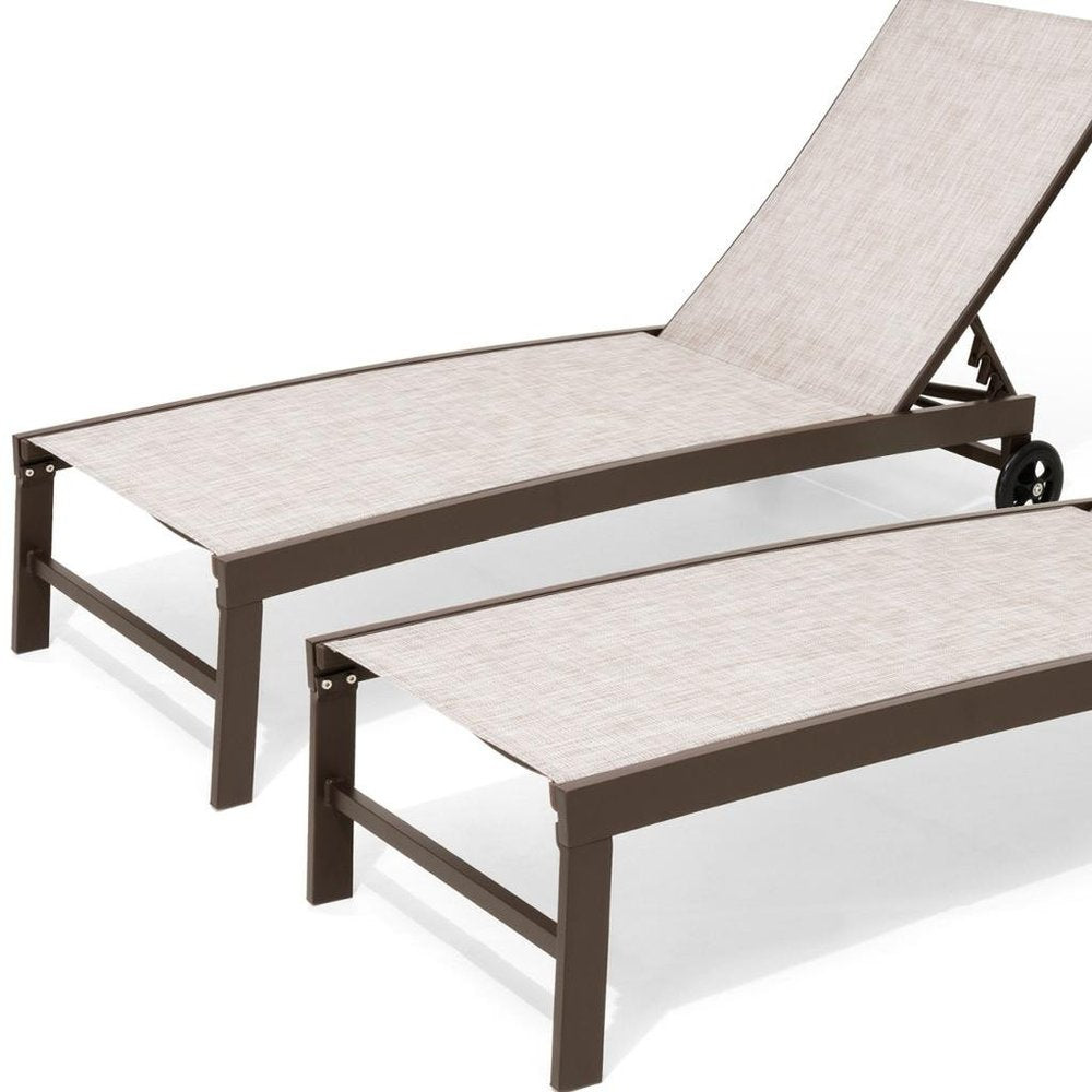 Set of Two Off White Aluminum Five Position Adjustable Sling Outdoor Chaise Lounges