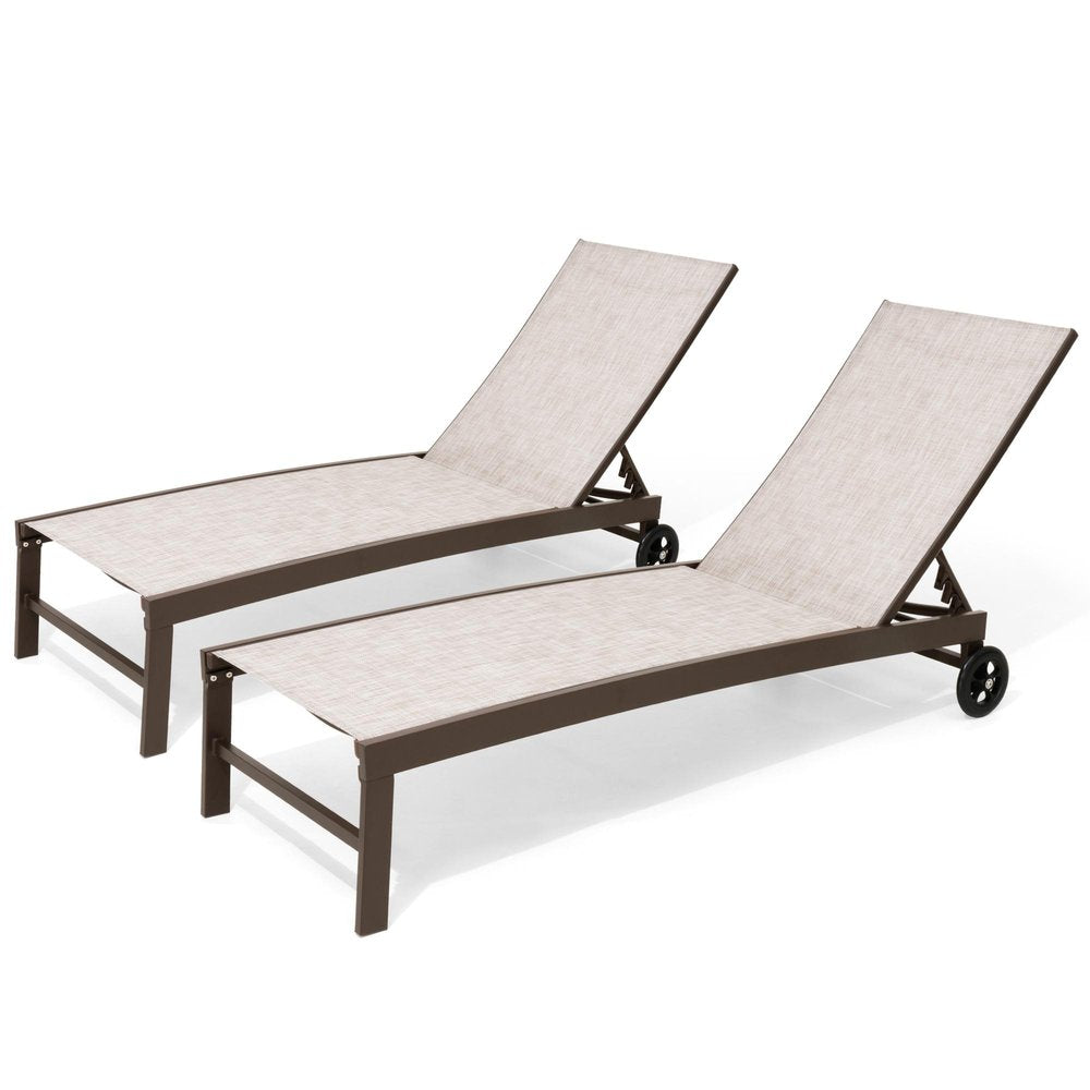 Set of Two Off White Aluminum Five Position Adjustable Sling Outdoor Chaise Lounges