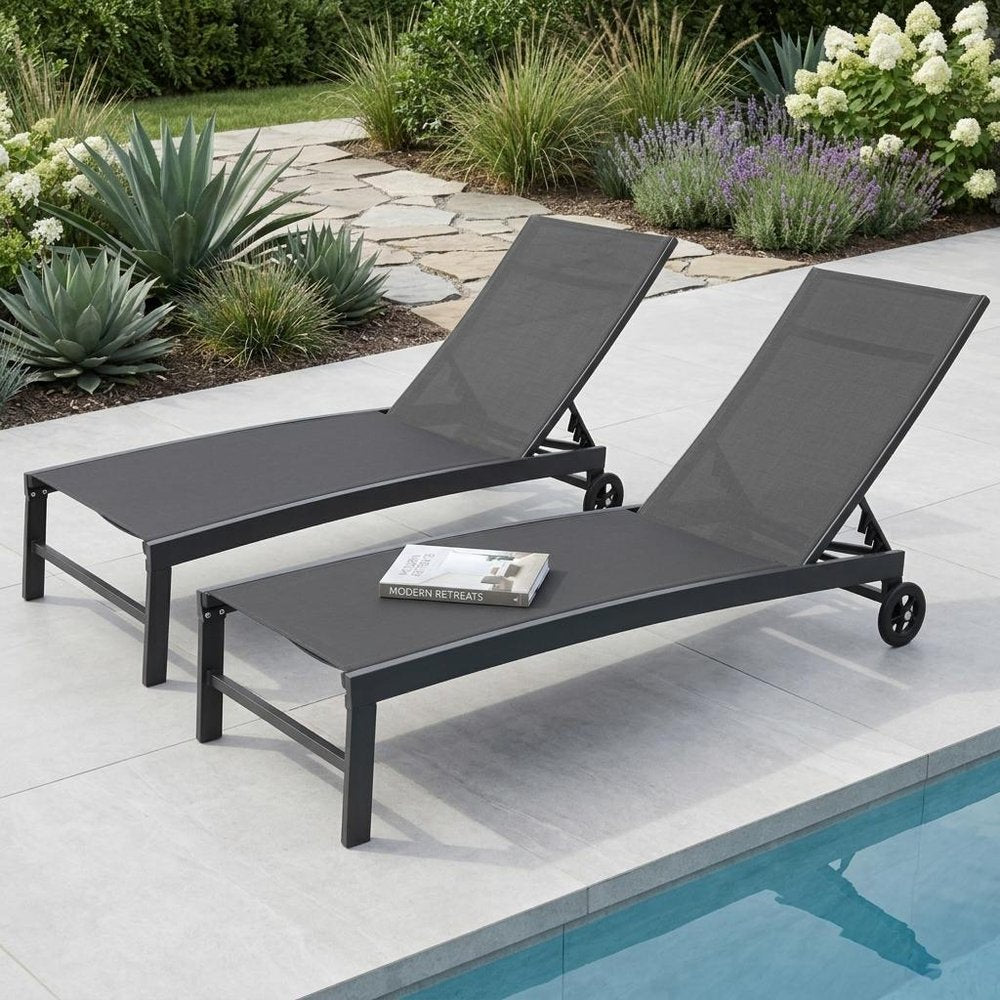 Set of Two Black Aluminum Five Position Adjustable Sling Outdoor Chaise Lounges