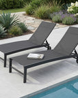 Set of Two Black Aluminum Five Position Adjustable Sling Outdoor Chaise Lounges