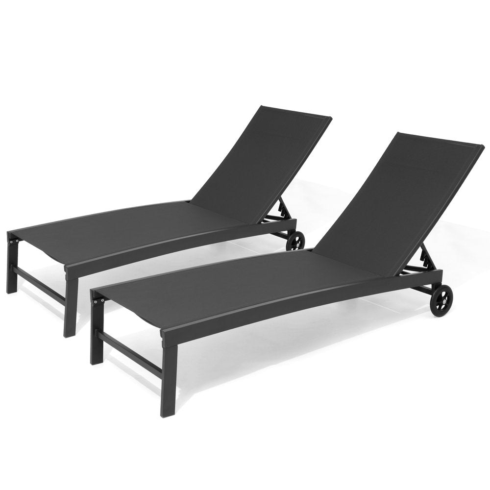 Set of Two Black Aluminum Five Position Adjustable Sling Outdoor Chaise Lounges