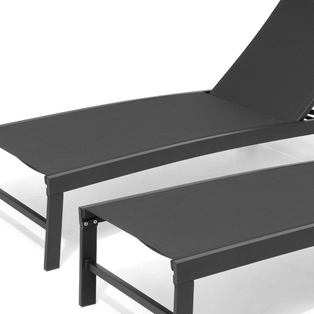 Set of Two Black Aluminum Five Position Adjustable Sling Outdoor Chaise Lounges