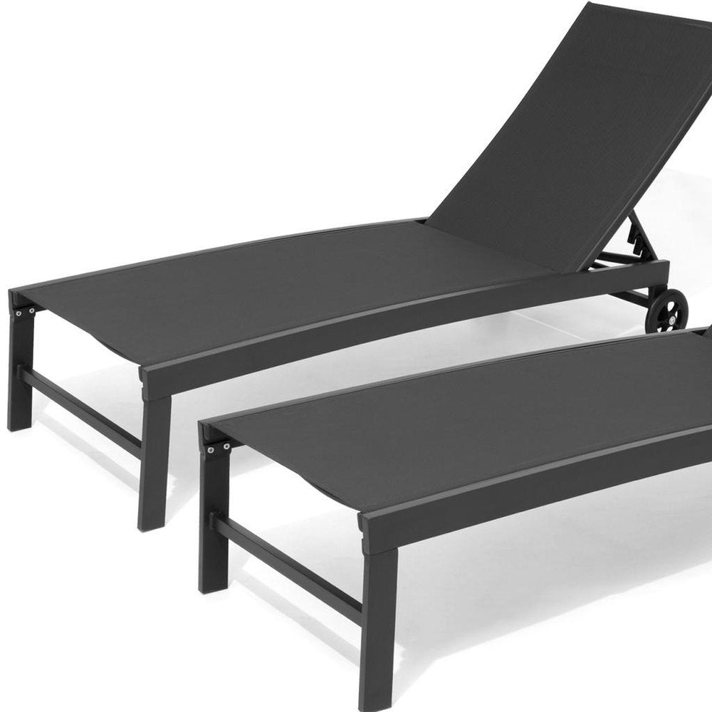 Set of Two Black Aluminum Five Position Adjustable Sling Outdoor Chaise Lounges