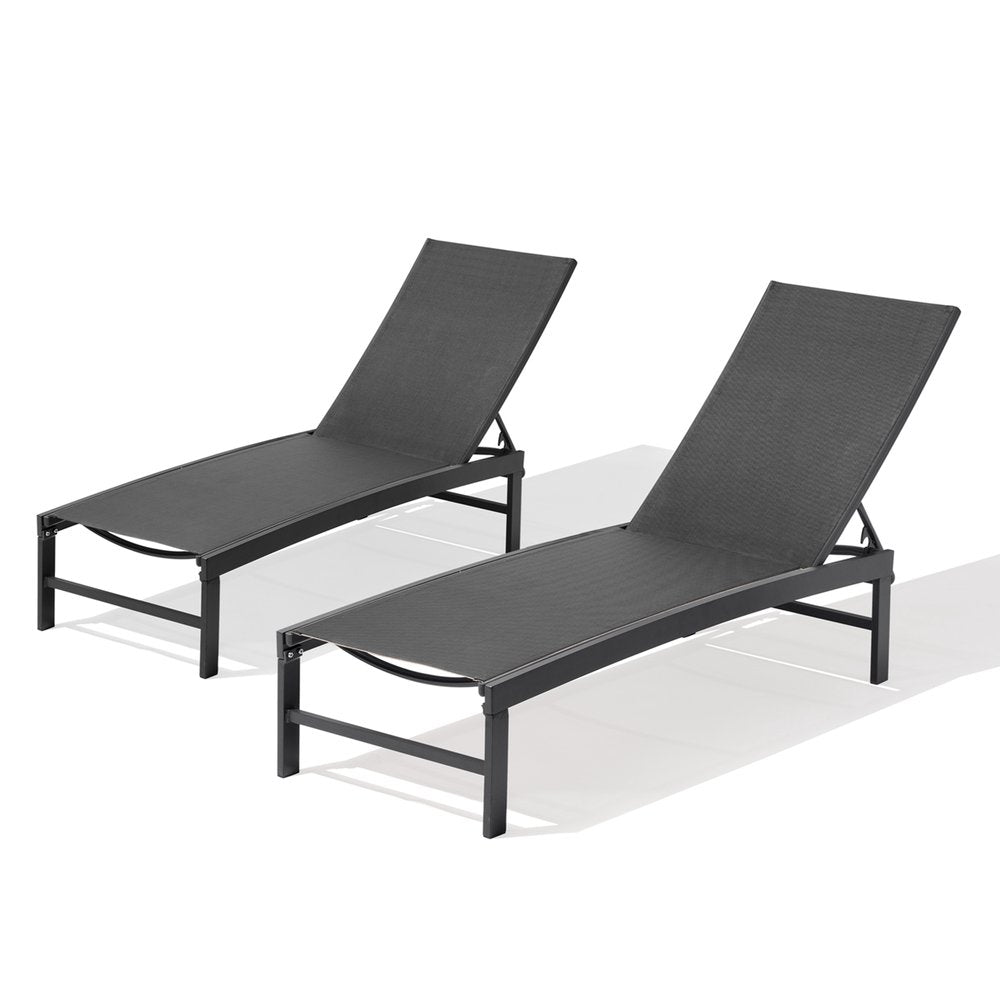 Set of Two Black Aluminum Five Position Adjustable Outdoor Chaise Lounges