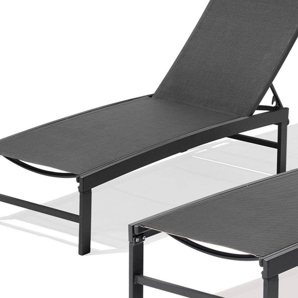 Set of Two Black Aluminum Five Position Adjustable Outdoor Chaise Lounges