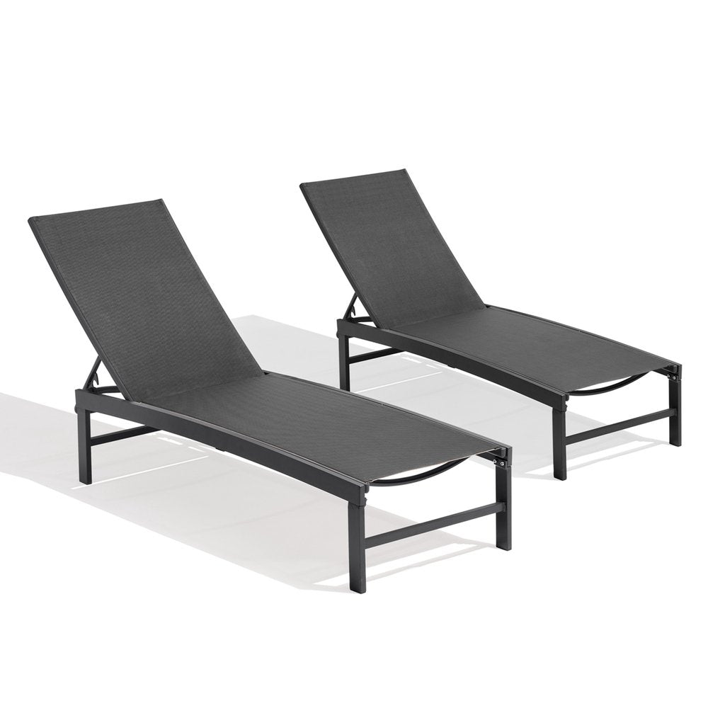 Set of Two Black Aluminum Five Position Adjustable Outdoor Chaise Lounges