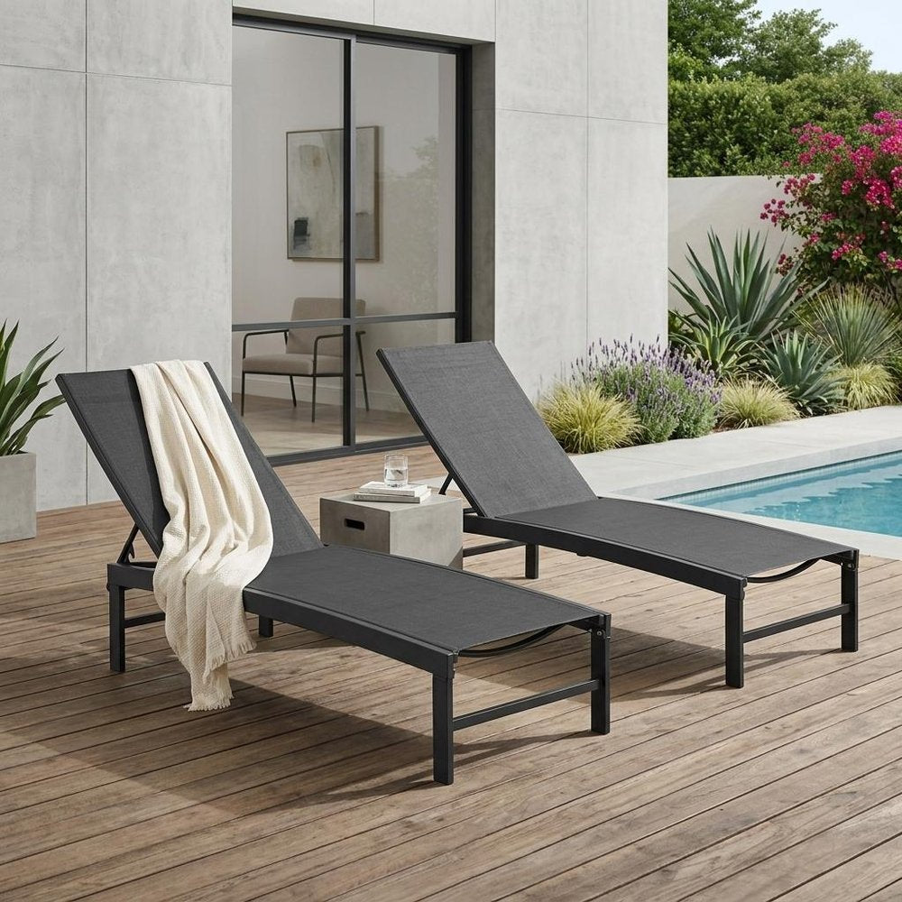 Set of Two Black Aluminum Five Position Adjustable Outdoor Chaise Lounges