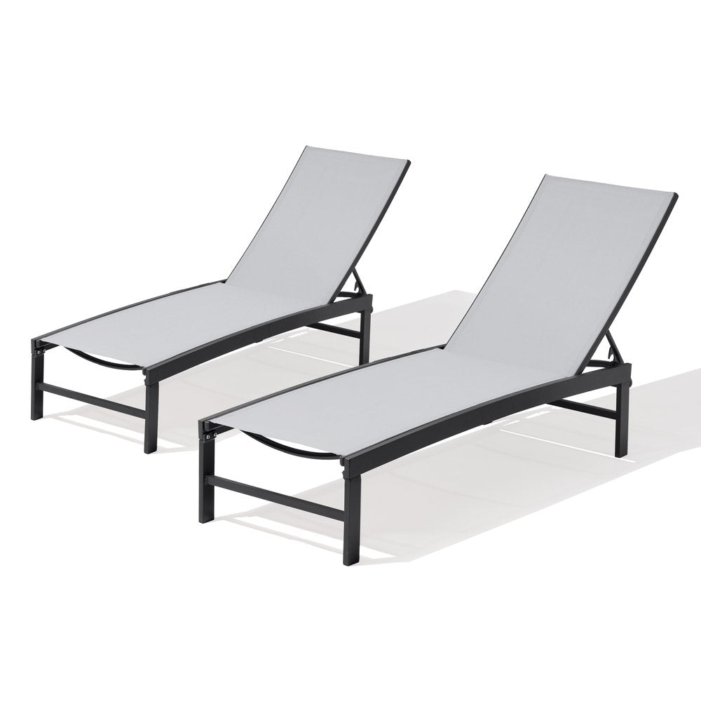 Set of Two Gray Aluminum Five Position Adjustable Sling Outdoor Chaise Lounges