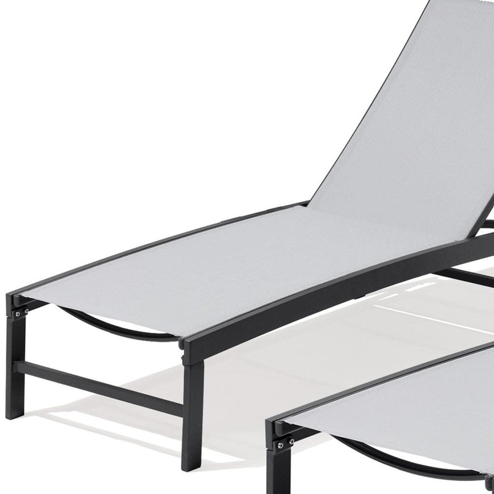 Set of Two Gray Aluminum Five Position Adjustable Sling Outdoor Chaise Lounges