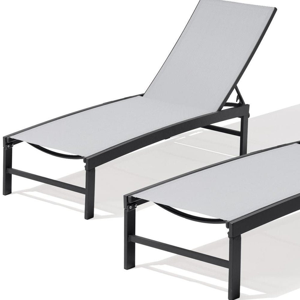 Set of Two Gray Aluminum Five Position Adjustable Sling Outdoor Chaise Lounges
