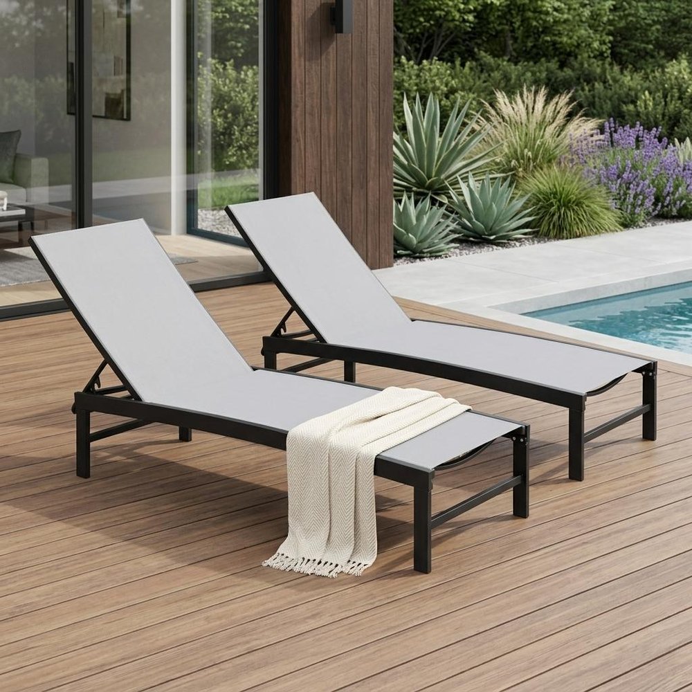 Set of Two Gray Aluminum Five Position Adjustable Sling Outdoor Chaise Lounges