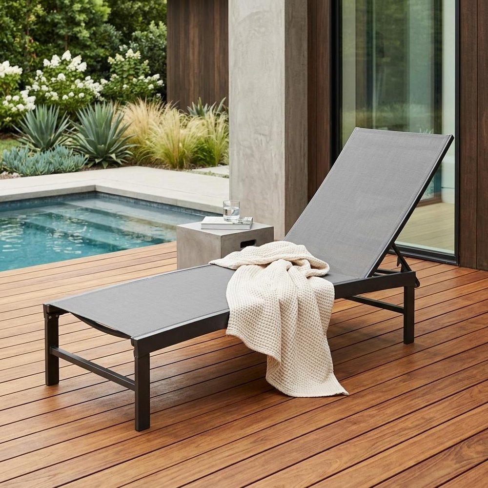 60" Black Aluminum Six Position Adjustable Sling Outdoor Chaise Lounge