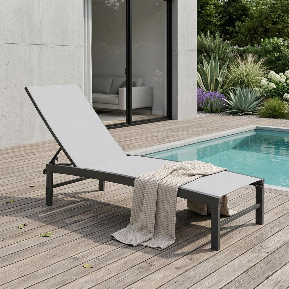 60" Light Gray Aluminum Six Position Adjustable Sling Outdoor Chaise Lounge