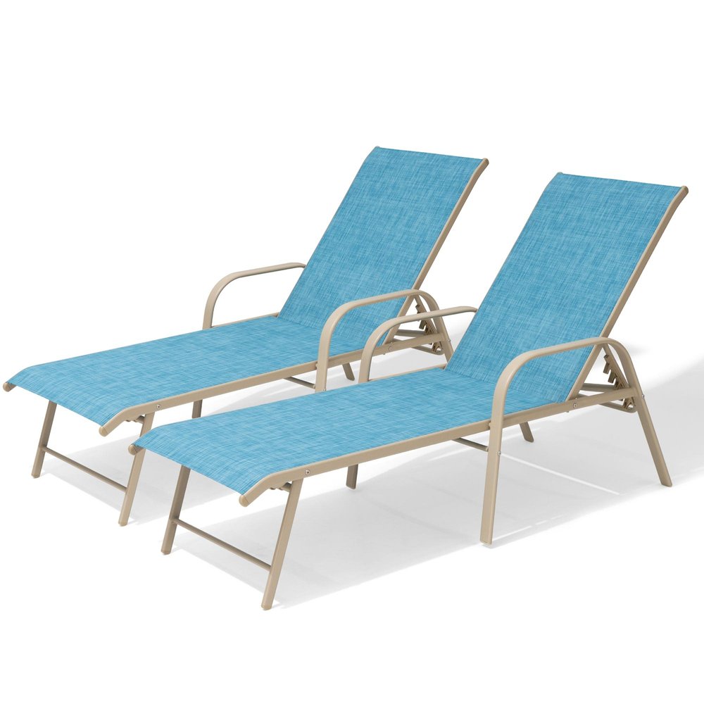 Set of Two Blue Aluminum Six Position Adjustable Sling Outdoor Chaise Lounges