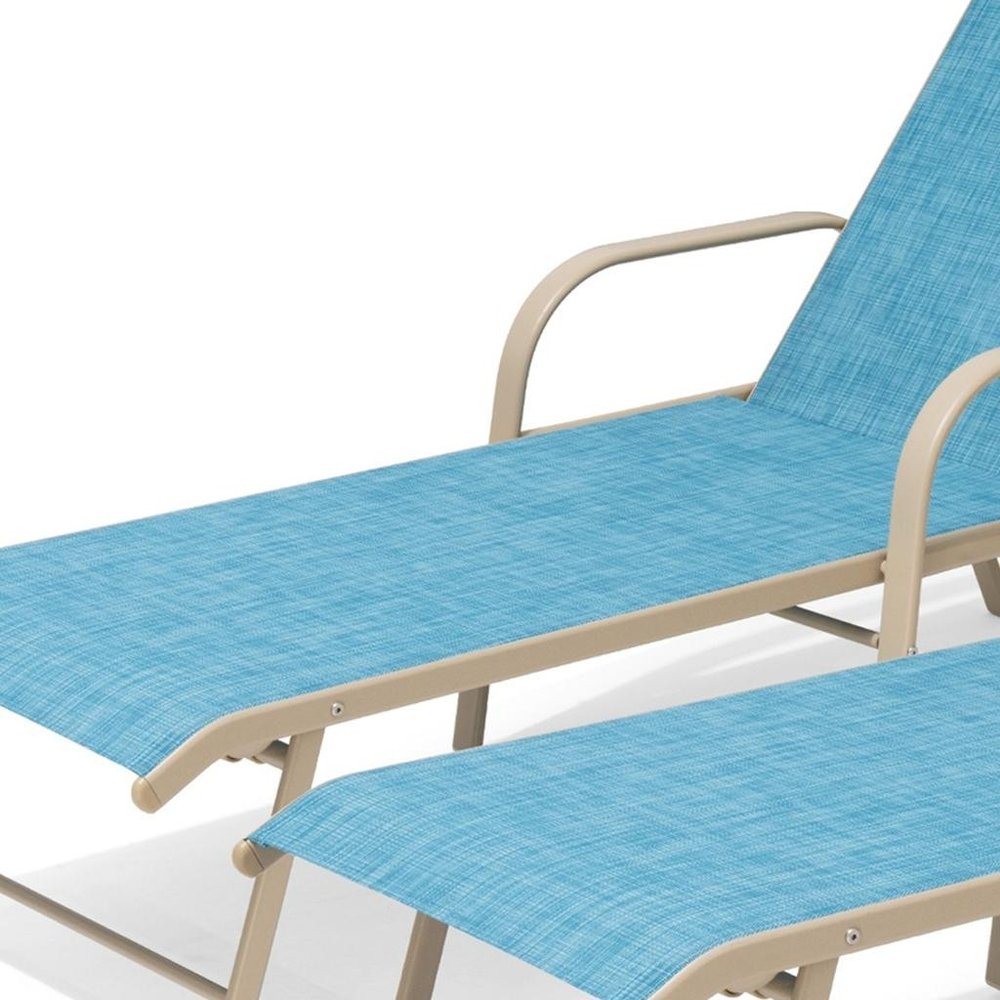 Set of Two Blue Aluminum Six Position Adjustable Sling Outdoor Chaise Lounges