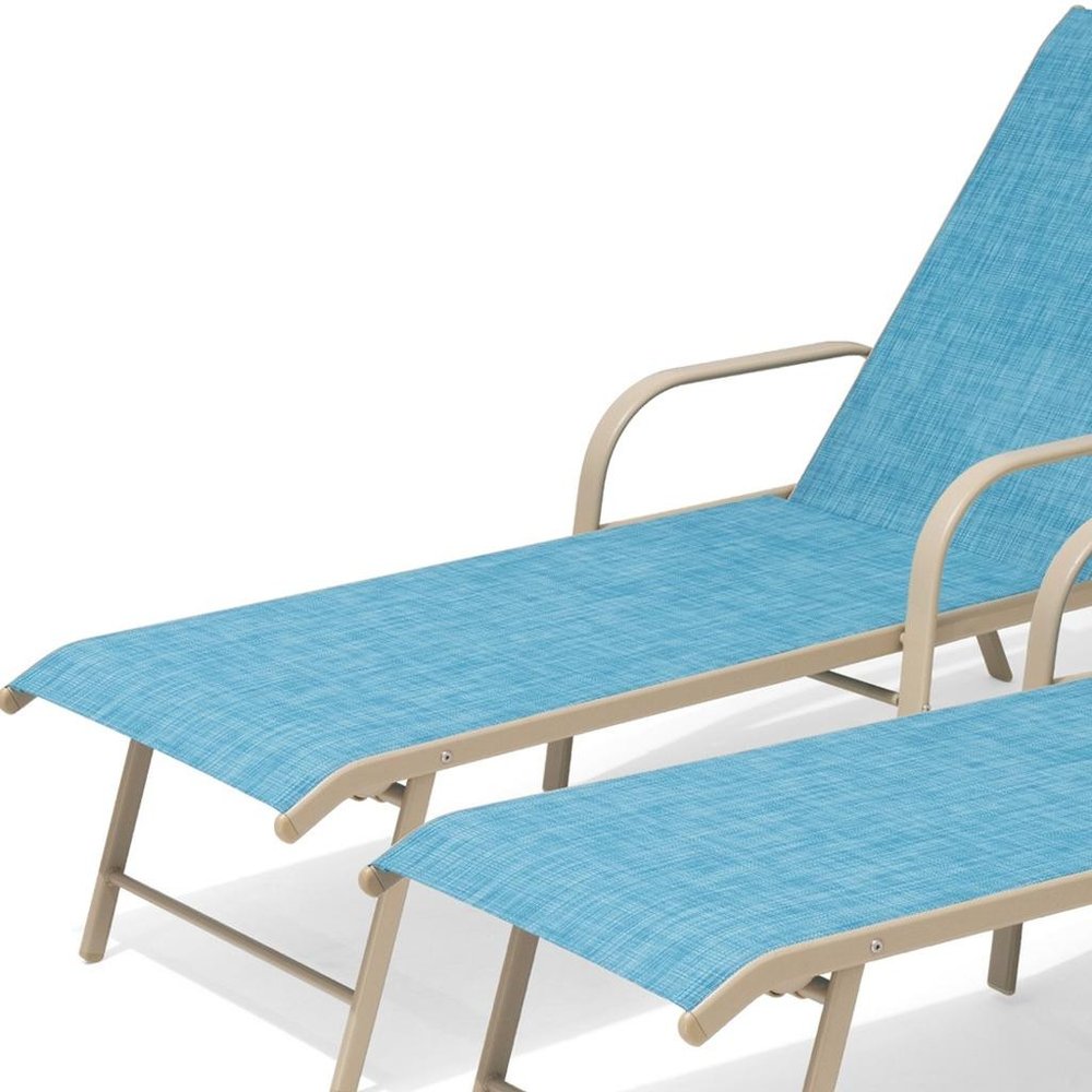 Set of Two Blue Aluminum Six Position Adjustable Sling Outdoor Chaise Lounges