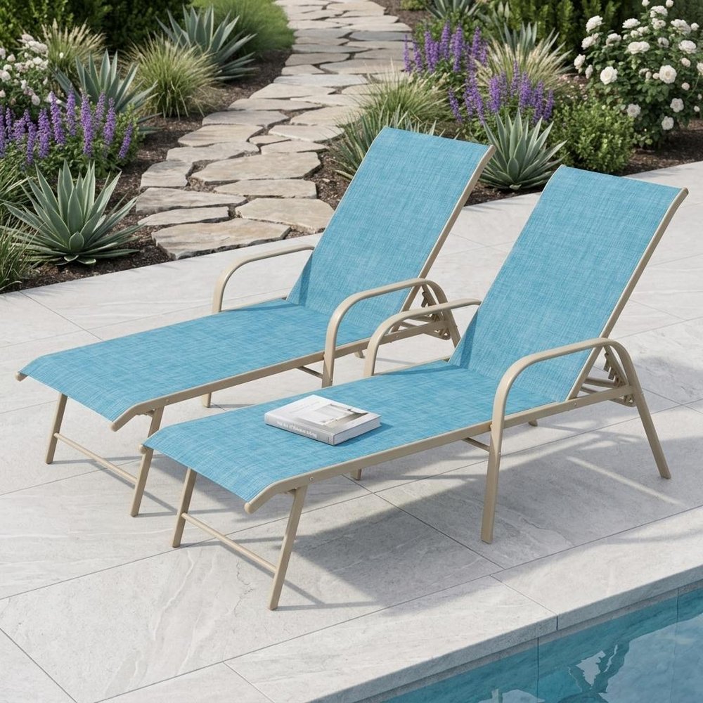 Set of Two Blue Aluminum Six Position Adjustable Sling Outdoor Chaise Lounges