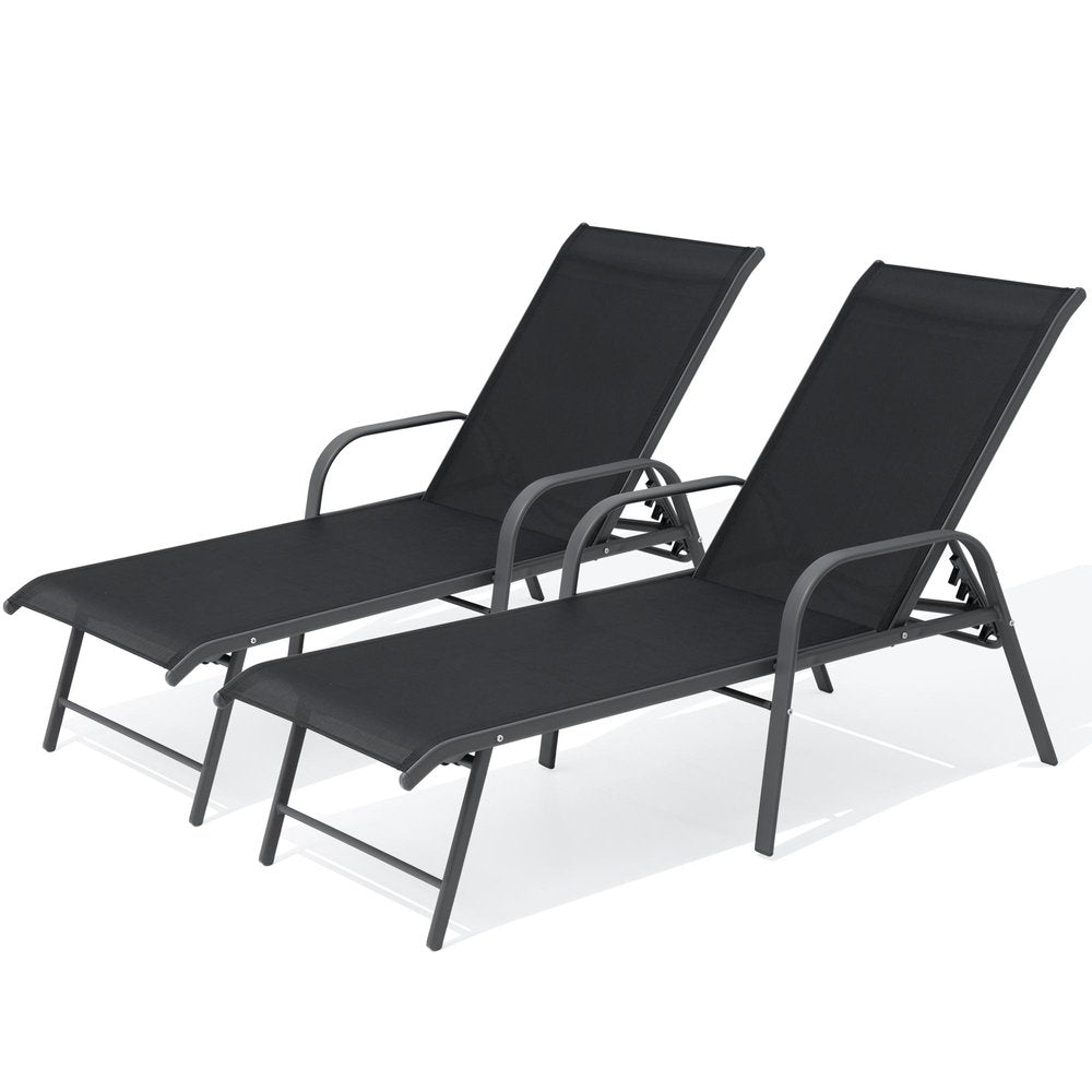 Set of Two Black Aluminum Six Position Adjustable Sling Outdoor Chaise Lounges