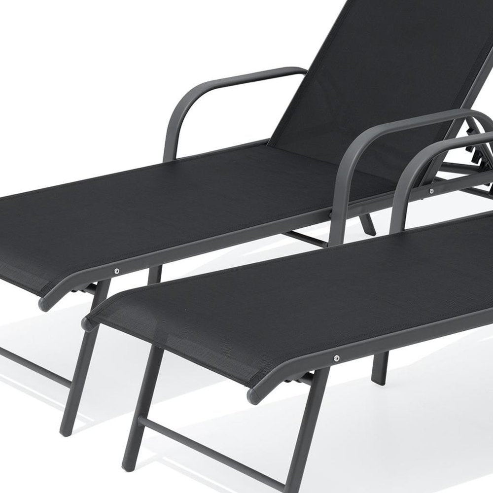 Set of Two Black Aluminum Six Position Adjustable Sling Outdoor Chaise Lounges