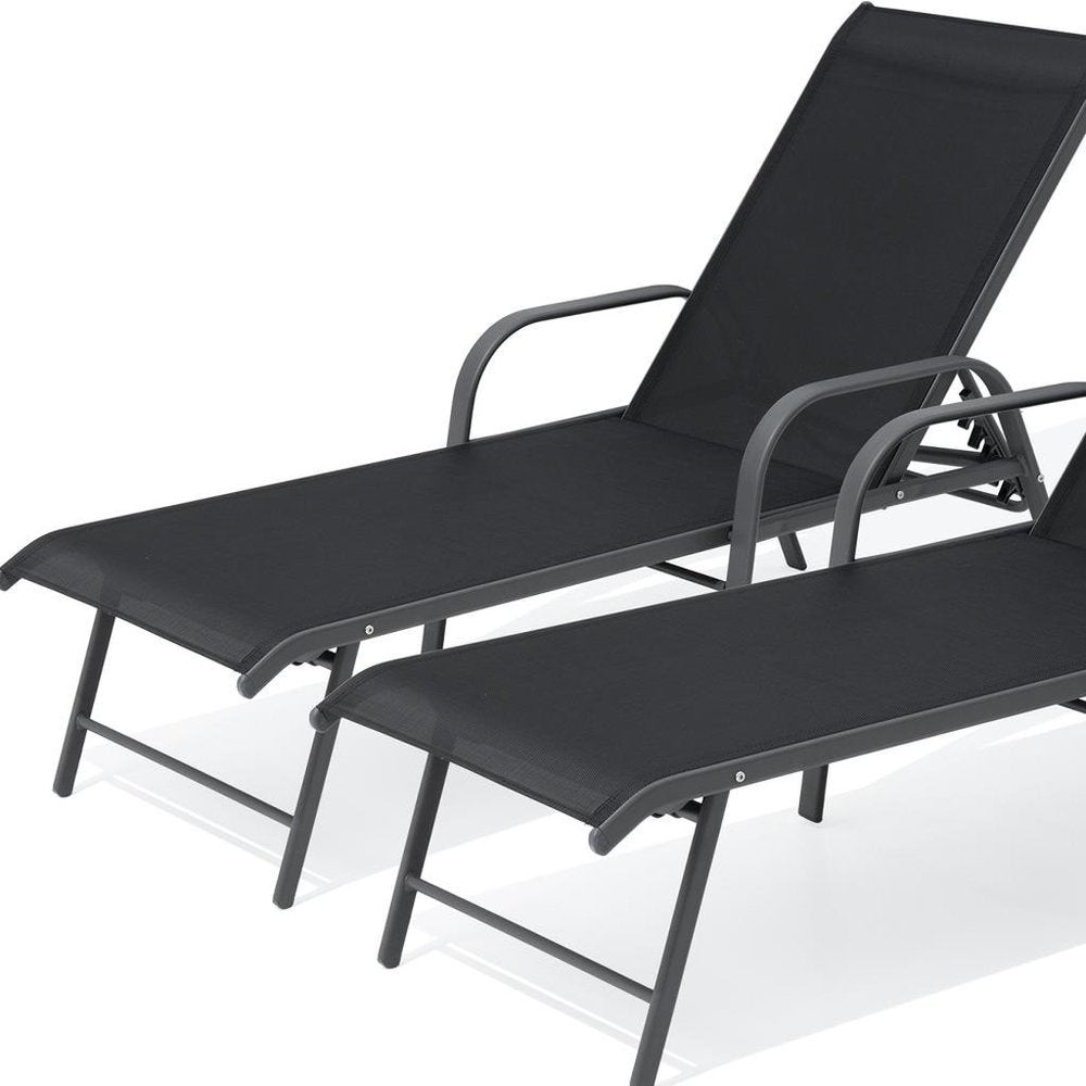 Set of Two Black Aluminum Six Position Adjustable Sling Outdoor Chaise Lounges