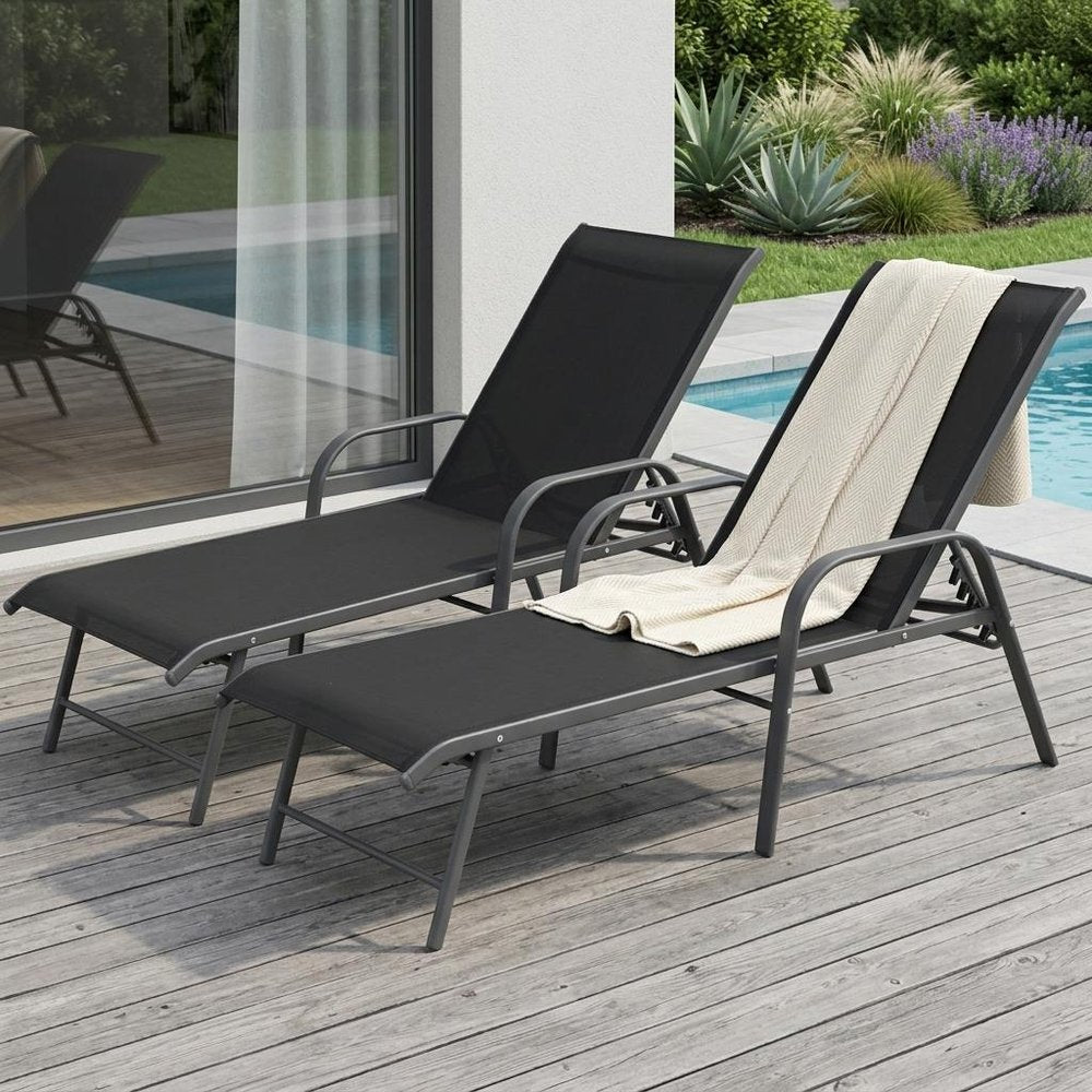 Set of Two Black Aluminum Six Position Adjustable Sling Outdoor Chaise Lounges