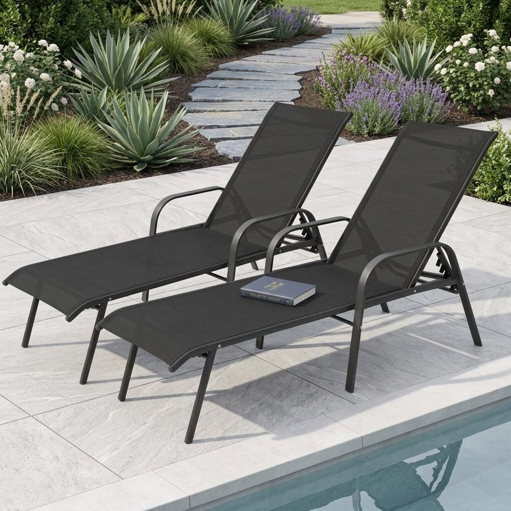 Set of Two Black Steel Six Position Adjustable Sling Outdoor Chaise Lounges