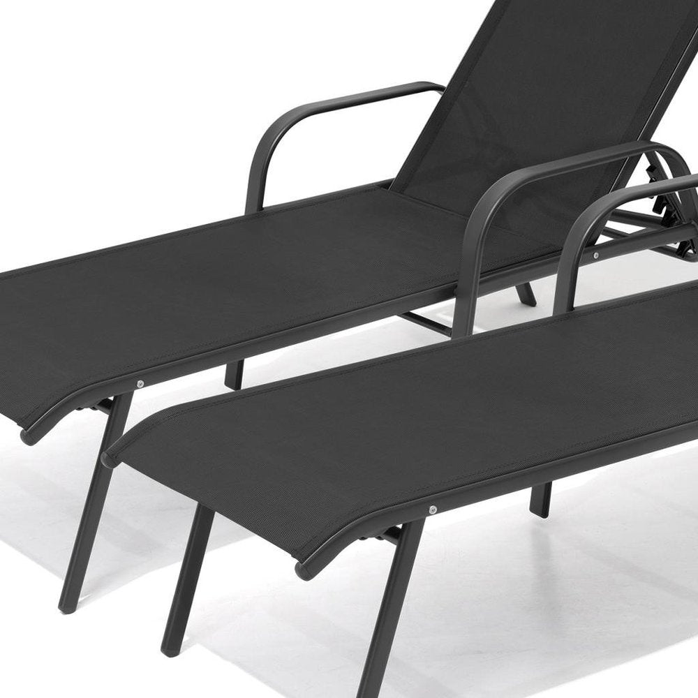Set of Two Black Steel Six Position Adjustable Sling Outdoor Chaise Lounges