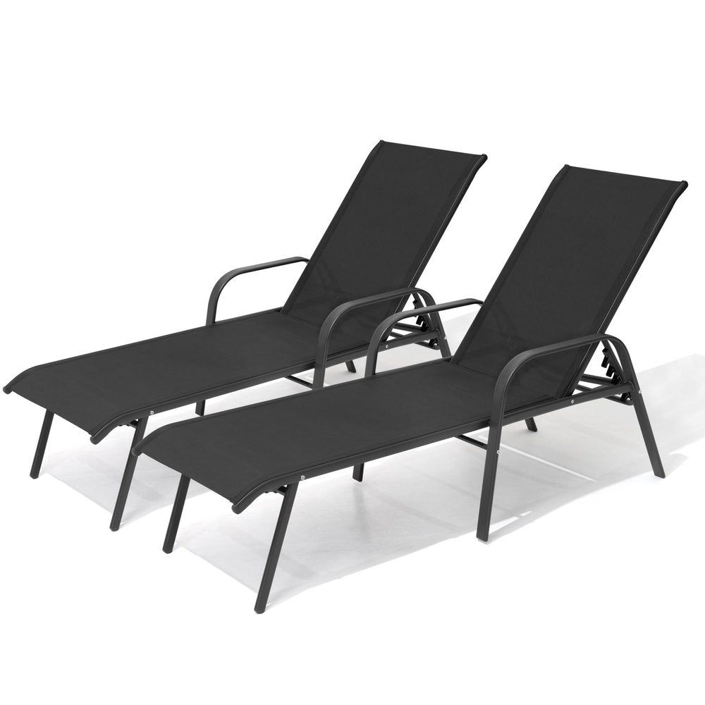 Set of Two Black Steel Six Position Adjustable Sling Outdoor Chaise Lounges
