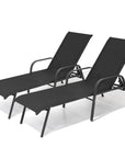 Set of Two Black Steel Six Position Adjustable Sling Outdoor Chaise Lounges