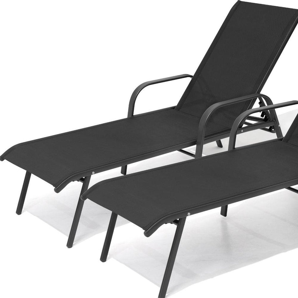 Set of Two Black Steel Six Position Adjustable Sling Outdoor Chaise Lounges